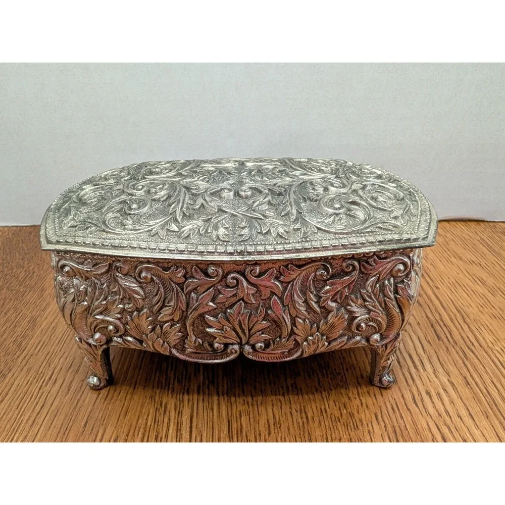 Vintage Silver Toned Jewelry Trinket Box/Footed/Red Velvet Lining